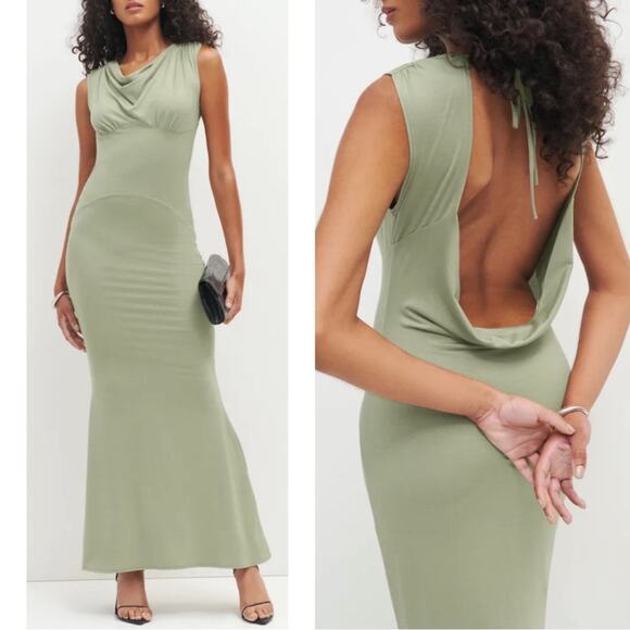 Reformation Seona Cowl Neck Open Back Knit Artichoke Green Maxi Dress Size M - Picture 1 of 8